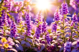 Magic garden with angelonia, pink flowers, parma or blue light effects colors, sun, realistic, angelonia flowers around, high contrast, 8k, high definition, concept art, sharp focus