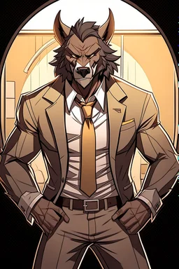 Buff, anthro, wolf, himbo, black fur, gold eyes, wearing a suit, full-body, muscles, strong, muscular, man boobs, bulky, tail, dark fur, smug grin, hands on hips, furry-himbo, broad shoulders, wide hips,