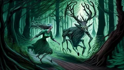 lovecraftian styled resurrected unhappy single deer chasing the older drunk human lady through the forest.