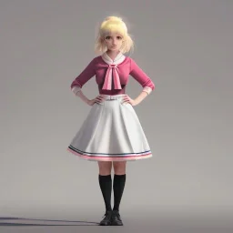 A very cute girl full body,wearing a short skirt,with blonde hair with a fade of light pink,sailor uniform,full round face,teenage girl