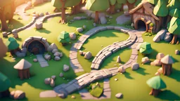 fantasy environment view from above, a road going across the screen, summer warm day, a hobbit hole on the right near the road blocky 3D low poly cartton render style with no grass