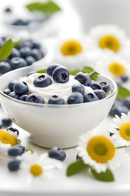 ((Zoom out)), Glass bowl filled with creamy yogurt topped with a beautiful arrangement of some blueberries, Editorial Photography, Photography Shot on 70mm lens Depth of Field Bokeh DOF Tilt Blur Shutter Speed 1/1000 F/22 White Balance, 32k Super-Resolution white background.