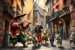 create "The Cat Pied Piper of Hamelin, whimsical and colorful Renaissance attire, playing a golden flute, leading playful and mischievous cats through vibrant, cobbled Renaissance streets, people on balconies laughing and pointing, surreal lighting, dreamlike vibe, highly detailed, vivid colors, painterly style, 8K, magical realism meets historical fiction --v 7 --ar 4:3 --style raw --q 2"