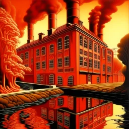 A salmon orange colored burning furnace factory painted by MC Escher