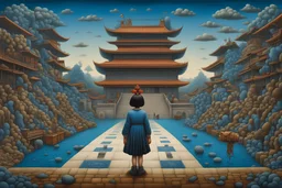 Jacek Yerka-inspired art featuring a war orphan girl at a Chinese military academy, exploring shamanic powers amid discrimination, embroiled in a war of opium and gods, palette dominated by Cyanish Blue, Dodger Blue, and Dark Black, themes of power, identity, the cost of war, survival and consequential choices in a world of political intrigue and magic, 3D, deep focus, 8k, ultra-detailed