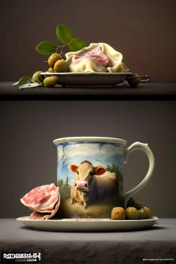 renaissance style still life composite, dish of Raviolis with cow meat, vine cup, olive oil. moisture, art, natural, ornaments, ceramic, marble, high kitchen, smooth, god rays, unreal engine 5, ray tracing, RTX, lumen lighting, ultra detail, volumetric lighting, 3d.