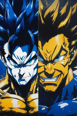 Poster in two gradations, split in half, one side "Vegeta's face", other side "Goku's face", midline of the face, painting by Yoji Shinkawa, dark blue and GOLD detailed iridescent, metallic, translucent, dramatic lighting, hyper futuristic, digital art, shot with Sony Alpha a9 Il and Sony FE 200-600mm f/5.6-6.3 G OSS lens, natural light, hyper realistic photograph, ultra detailed -ar 3:2 -q 2 -s 750,