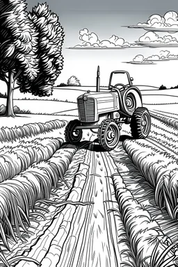 Outline art, no shading, tractor on the road, cartoon style, black and white, low detail, --ar 9:11