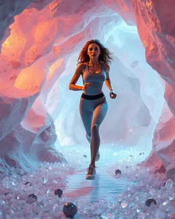 make a video pretty crystal cave covered with jewells and CIFI jewell lights and 3d recursive cubic and sphere base pearls and a beautiful fashion model lady with cute,curvy hair,makeup, in pretty sports suit is running inside cave ,dynamic camera fallow her inside cave capturing full body, dynamic lights.