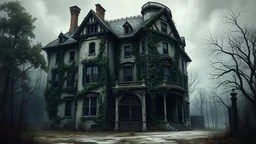 A towering, dilapidated mansion looms ominously, every detail whispering of its haunted past: shattered windows, overgrown ivy creeping up the walls, and a creaking front gate. The main subject of this image is a large haunted house, depicted in a chillingly detailed painting that captures its eerie atmosphere. The artist skillfully showcases the peeling paint, cracked foundation, and shadows that seem to come alive. This hauntingly beautiful image immerses viewers in the ghostly tale of a once-