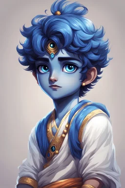 Krishna, cute boy, big eyes, blue skin, very cute, charming boy, nice hairdress, anime style