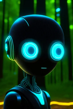 cute tron neon robot head with monocle, adorable cute chat robot with short punk hair and real human reflective eyes, tron forest world, its such a perfect day, motion blur, smoke, 8k, downlight, soft light, depth of field, photorealism, trending on art station, lotsa detail