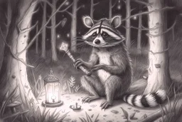 At dusk a curious raccoon explores the forest. Tiptoeing into human campsites, intrigued by artifacts they found.- Pencil drawing, realistic, graphite
