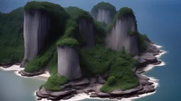 a scenario by the sea in borneo in the 1960s, across the sea there are twin forest islands, one in front and one behind, the one in front is all visible, the one behind is only partially visible, the cliff is made of ordinary cement without engraving, the land is almost land bald because of the crowd.