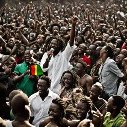 A vibrant and energetic concert performance by Lucky Dube, with a large crowd of enthusiastic fans dancing and singing along to his reggae music.spirit.energy and beauty of this moment.