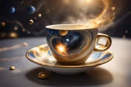 A universe swirling in a beautiful gold rimmed porcelain coffee cup, with planets, stars, steam, masterpiece, in sunshine