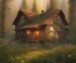 beautiful hyperrealistic cottage in the forest, highly detailed, digital painting, trending artstation, concept art, illustration, cinematic lighting, vibrant colors, photorealism, epic, octane render