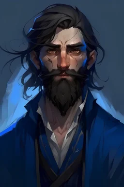 young half-elf man, pointy ears, fat, tan skin, well-dressed in black and dark blue clerical torn and tattered clothing, long hair, scruffy beard, brown hair, ghostly blue and transparent