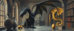 master oil painting by Escher and Giger, glaring vases and black humanoid reflective dragon and hidden golden dragon inside library, cryptic eggs