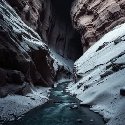 Photograph, a dark mass of terrain, giant museum space, powder, brook, dramatic colors, geological formation, architecture, minimalist, details of the terrain very accentuated, 8k, deep 3d field, sharp, brutalist, hasselblad h6d400c --ar 85:128 --v 6.0