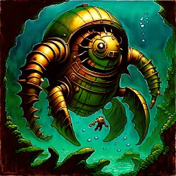 90's TCG fantasy artwork art of nautilus robot underwater