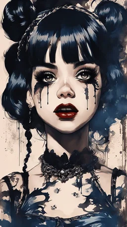 Poster in two gradually, a one side malevolent goth vampire girl face and other side the Singer Melanie Martinez face, full body, painting by Yoji Shinkawa, darkblue and sepia tones,