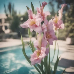 Gladiolus kales in a swimming pool, old damaged polaroid, sunny day, vivid colors, bokeh