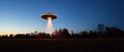 flying saucer ufo in autumn evening field shooting a cone of light upwards to the sky down to another sauver