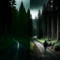 left side of the picture shows a dark metropole, right sight of the picture showsa beautiful forest, in the middle there's a road leading from the city to the forest, a lonely figure walking on it