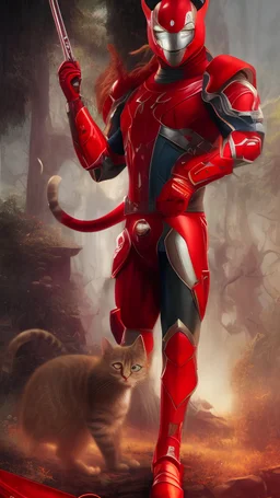 Iconic Cat-Man, red and silver, ultra-detailed armor, cat with eye mask, anime, dynamic shot, richly saturated colors, full height, arms, legs, footwear, cinematic backlighting, hyper-realism, unparalleled detail, 8K, concept art, intricate textures , timeless masterpiece, enhanced AI, GAN, depth of field, neural network,