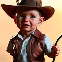 Indiana Jones toddler, full body, whip, dramatic lighting, hyper realistic