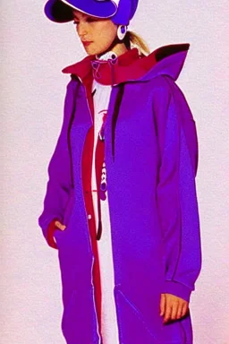 late 1990's women fashion.interesting hoodie with long tippet integrated to bolero -like attachement with pockets which goes up to a Hat with a visor with integrated headphones to it. Karjalainen kuvio, Karjala patterns. dress with strange cut. Colors: denim blue, blue, purple, khaki, "pastel light green", lilac, plum, orange, terracotta, red, pink, dark blue, beige. Women models. Starling pattern prints.Jennifer Lopez, Gwyneth Paltrow. intgrated bag. Big tennis shoes on. Cargo pants.