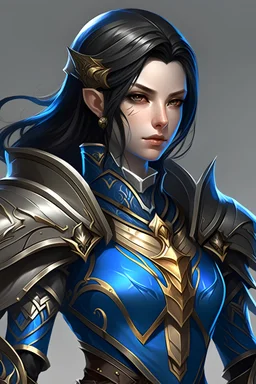 female elf knight with black hair, blue eyes and blue armor