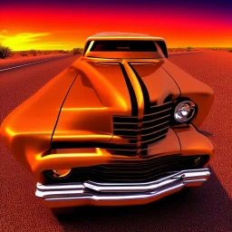 Muscle car, desert road, sunset, full colour, hd, 3d, art deco style