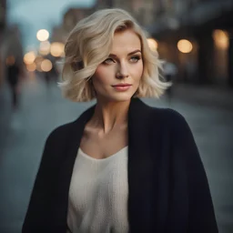 beautiful young woman with short blond hair, in a fashionable cardigan, against the background of the street, {day|night}, stylish photo