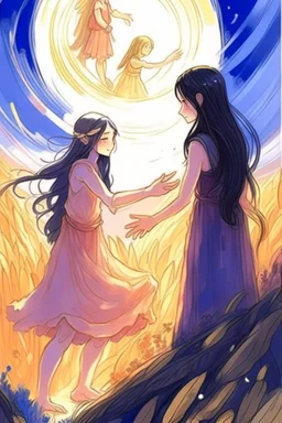 İki yakın arkadaş(iki küçük kız) biri pembe ve diğeri mor elbise giyiyor mor elbiseli pembe elbiseli kıza yardım ediyor arkaplan olarak ay ve güneş karışımı bir gezegen