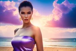 very nice real face beautiful sexy roman with make up at the beach standing pose in a short lace purple and silver dress, full body, 3D cloudy sky volumetric nice clouds 8k sharp focus,sunset,golden hour,medium shot