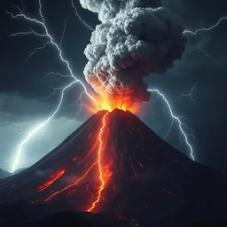 An eruption of a volcano, and a column of smoke and ash rises from it, through which lightning strikes, a lot of lightning, a dark atmosphere, 3D graphics, a three-dimensional picture, detailed.