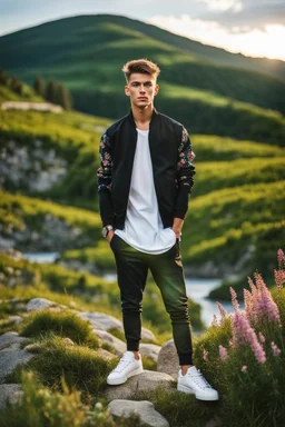 fullbody shot of young-beautiful-boy-with-a-perfect-face-with-make-up-wearing- sport pants and jacket standing ,geen hills ,nice nature environment ,wild flowers,clean water river with colorfull rocks in floor