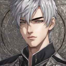 A stunningly detailed (((headshot portrait))), capturing the essence of a young man in his 20s with silver hair and piercing gray eyes, exuding a sense of confidence and protection, anime realism style, intricate mosaic backdrop