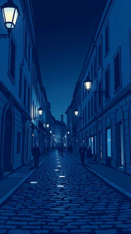 Illustrate a scene of an old city street at night using only blue tones, from deep navy to light sky blue. The street lamps cast soft, glowing circles of light on the cobblestones, highlighting the textures of the ancient buildings and the faint outlines of passersby. This artwork emphasizes the use of chiaroscuro within a monochromatic palette to evoke depth, mood, and a sense of timelessness.