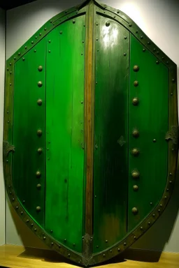 A green shield made out of wood painted by Claude Monet