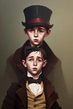 old oil painting, portrait of oliver twist, boy crying, oil on face, 1800s clothes, wearing tophat, factory and oil in background, realistic detail, atmospheric lighting