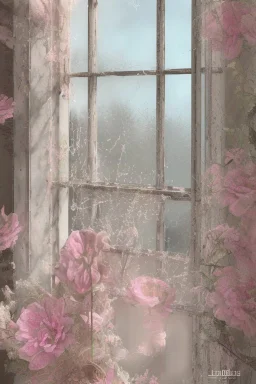 Shabby chic style, transparent tulle on the windows, light botanical, detail, airbrushing, drawing with fine strokes, fantasy, floral tenderness, glass, digital art, sun rays, glare, splashes, pastel tones, sparks, lights, Pixel expansion, many details, delicate sensuality, made of stone and glass, intracate details, lineout, mysticism, realistic, high quality, work of art, professional, filigree, pearl light mist