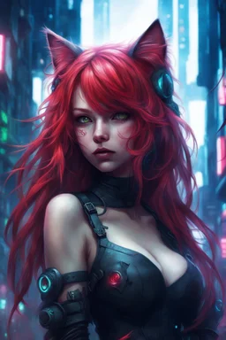 CAT GIRL, FANTASY, VINES, SOULLESS, FLUFFY TAIL, RED HAIR, CYBERPUNK