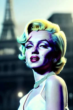 Medium shot portrait, blonde woman, young Marilyn Monroe face, perfect iris, Chanel dress style, paris background, by helmet newton, soft color, highly detailed, unreal engine 5, ray tracing, RTX, lumen lighting, ultra detail, volumetric lighting, 3d, finely drawn, high definition, high resolution.