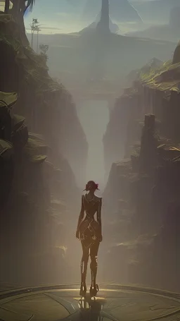 pathway with sci-fi landscape and woman looking down