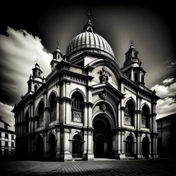 A black and white photograph of a Romanic cathedral taken in Italy in year 1300. Shoot with professional medium format photographic equipment