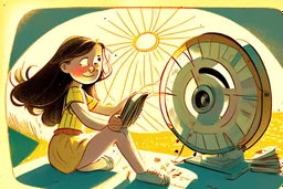 brunette girl cutting film reels in a study, children's book illustration in style of Brigette Barrager, Sven Nordqvist and Nicole Rubel in sunshine