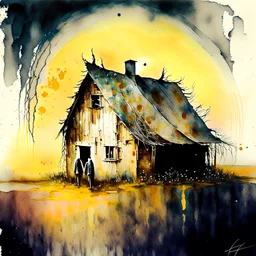 An old barn, the half moon shine bright,wamp with horror and beauty intricate, beautiful ,fog, mikalojus konstantinas, čiurlionis chinese watercolor ,Double Exposure ,Effect surreal, poetic style ,Sepia effect, Pen and ink sketch,